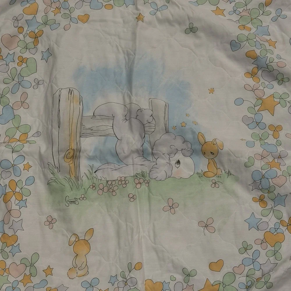 Vintage Precious Moments Sam B Bunny Lamb Handmade Baby Crib Quilt 36x47